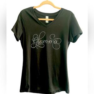 Black V-neck T-shirt with glam-ma  jewels on the front.